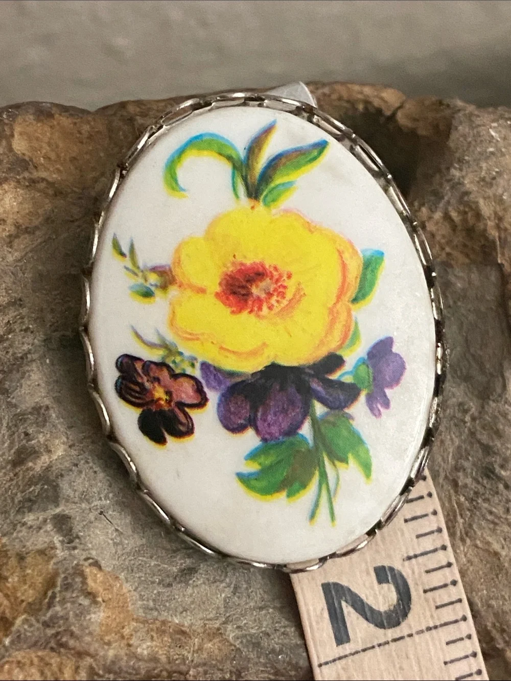 Vintage 70s Porcelain Floral Violets & Yellow Rose Broach